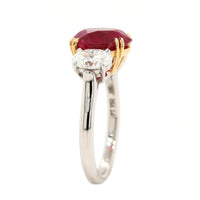 Platinum and 18K Yellow Gold Oval Ruby & Diamond Three Stone Ring