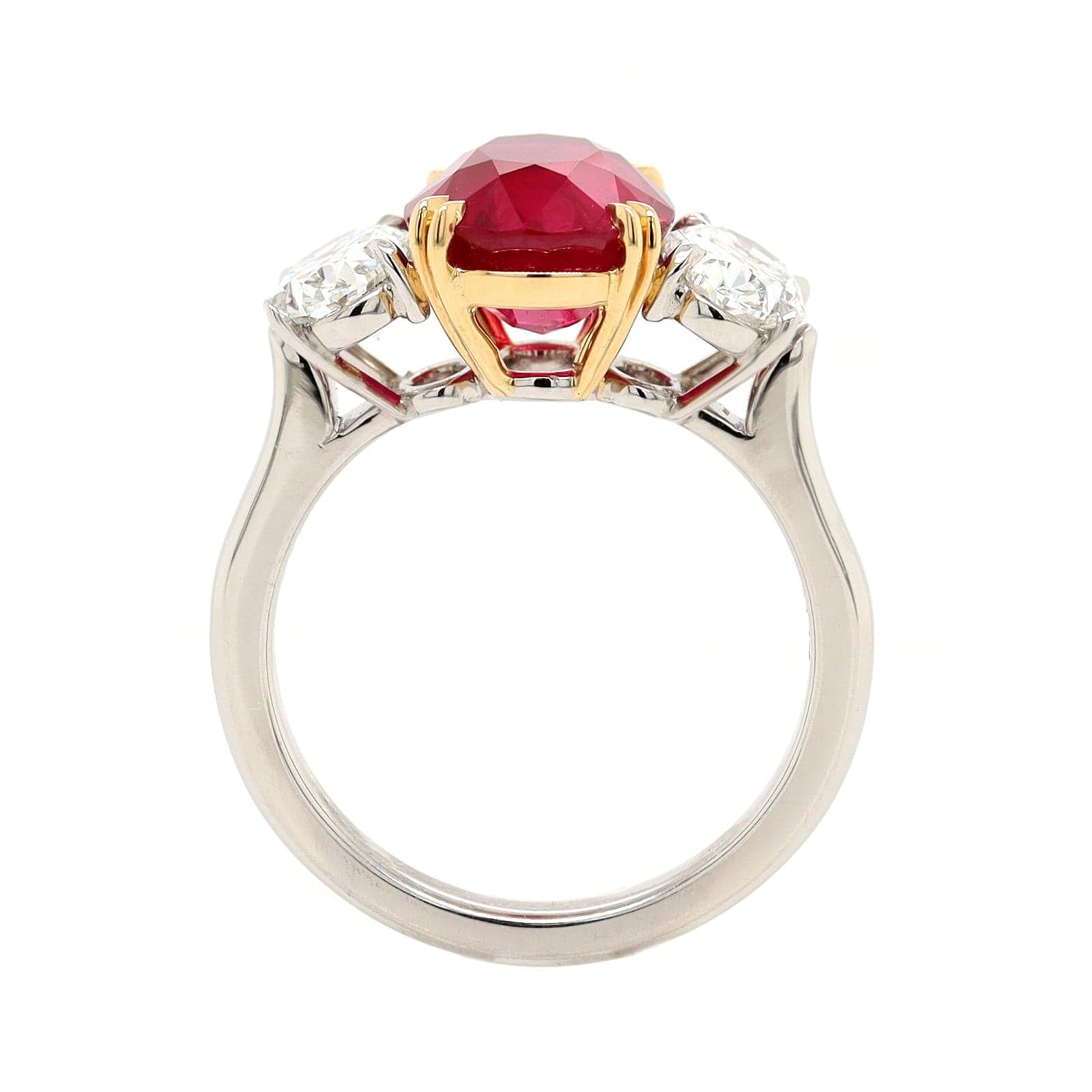 Platinum and 18K Yellow Gold Oval Ruby & Diamond Three Stone Ring ...