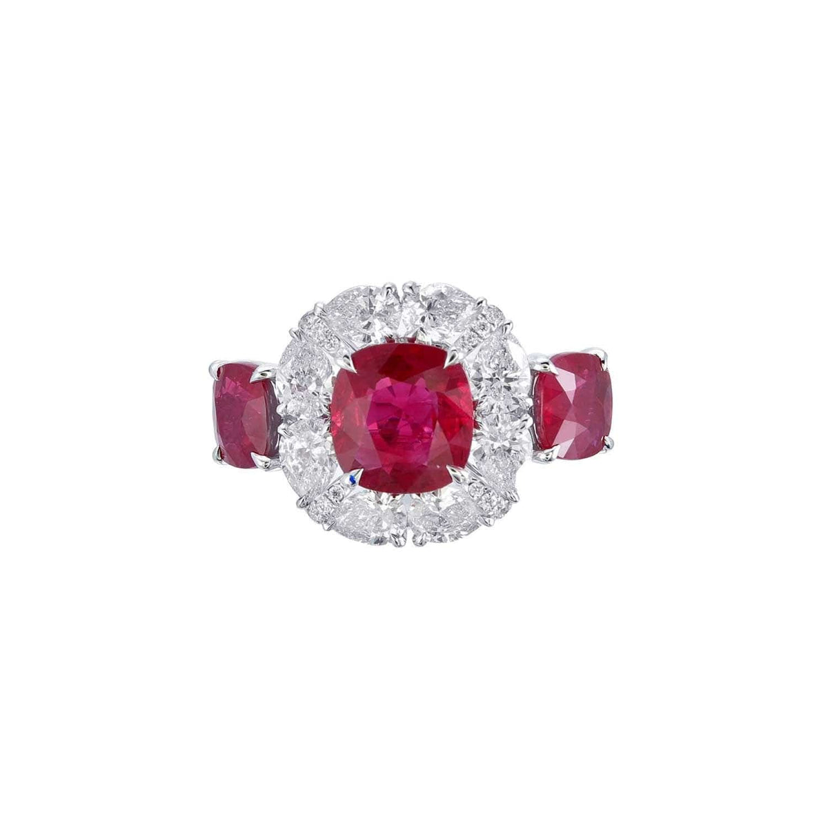 18K White Gold Cushion Cut Ruby and Diamond Halo Ring