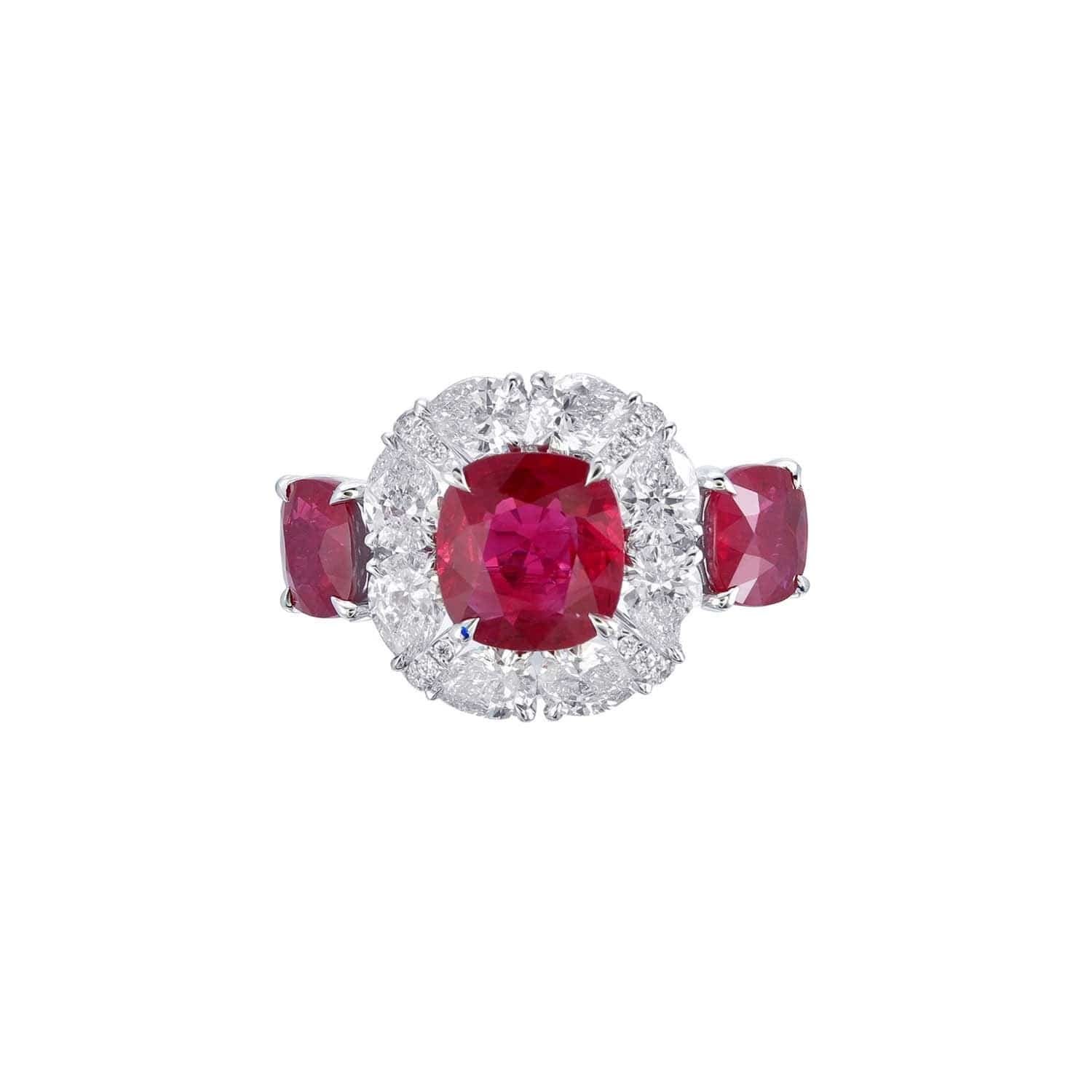 18K White Gold Cushion Cut Ruby and Diamond Halo Ring