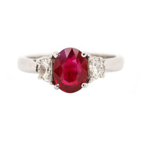 Platinum 3 Stone Oval Ruby and Half Moon Diamond Ring