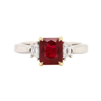 Platinum Three Stone Emerald Cut Ruby and Diamond Ring