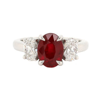 Platinum 3 Stone Oval Ruby and Diamond Ring
