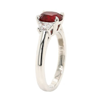 Platinum 3 Stone Cushion Ruby and Trapezoid Diamond Ring