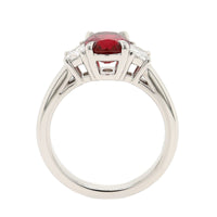 Platinum 3 Stone Cushion Ruby and Trapezoid Diamond Ring