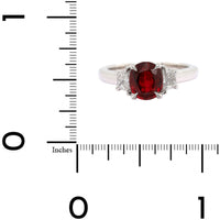 Platinum 3 Stone Cushion Ruby and Trapezoid Diamond Ring