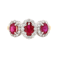 18K Two-Tone Gold Three Stone Oval Ruby and Diamond Halo Ring