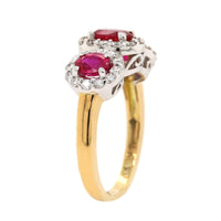 18K Two-Tone Gold Three Stone Oval Ruby and Diamond Halo Ring