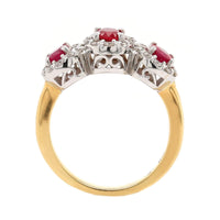 18K Two-Tone Gold Three Stone Oval Ruby and Diamond Halo Ring