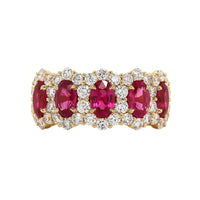 18K Yellow Gold 5 Stone Oval Ruby and Diamond Halo Ring