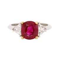 Platinum and 18K Yellow Gold 3 Stone Cushion Ruby and Trillion Cut Diamond Ring