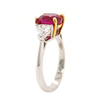 Platinum and 18K Yellow Gold 3 Stone Cushion Ruby and Trillion Cut Diamond Ring