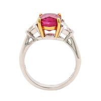 Platinum and 18K Yellow Gold 3 Stone Cushion Ruby and Trillion Cut Diamond Ring