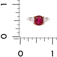 Platinum and 18K Yellow Gold 3 Stone Cushion Ruby and Trillion Cut Diamond Ring