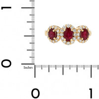18K Yellow Gold 3 Stone Oval Ruby and Diamond Halo Ring