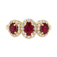 18K Yellow Gold 3 Stone Oval Ruby and Diamond Halo Ring