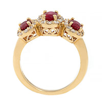 18K Yellow Gold 3 Stone Oval Ruby and Diamond Halo Ring