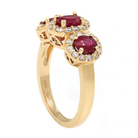 18K Yellow Gold 3 Stone Oval Ruby and Diamond Halo Ring