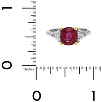 Platinum 3 Stone Cushion Ruby and Trillion Cut Diamond Ring