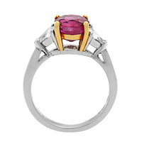 Platinum 3 Stone Cushion Ruby and Trillion Cut Diamond Ring