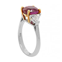 Platinum 3 Stone Cushion Ruby and Trillion Cut Diamond Ring