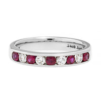 18K White Gold Round Diamond and Ruby Channel Set Band
