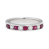 18K White Gold Round Diamond and Ruby Channel Set Band