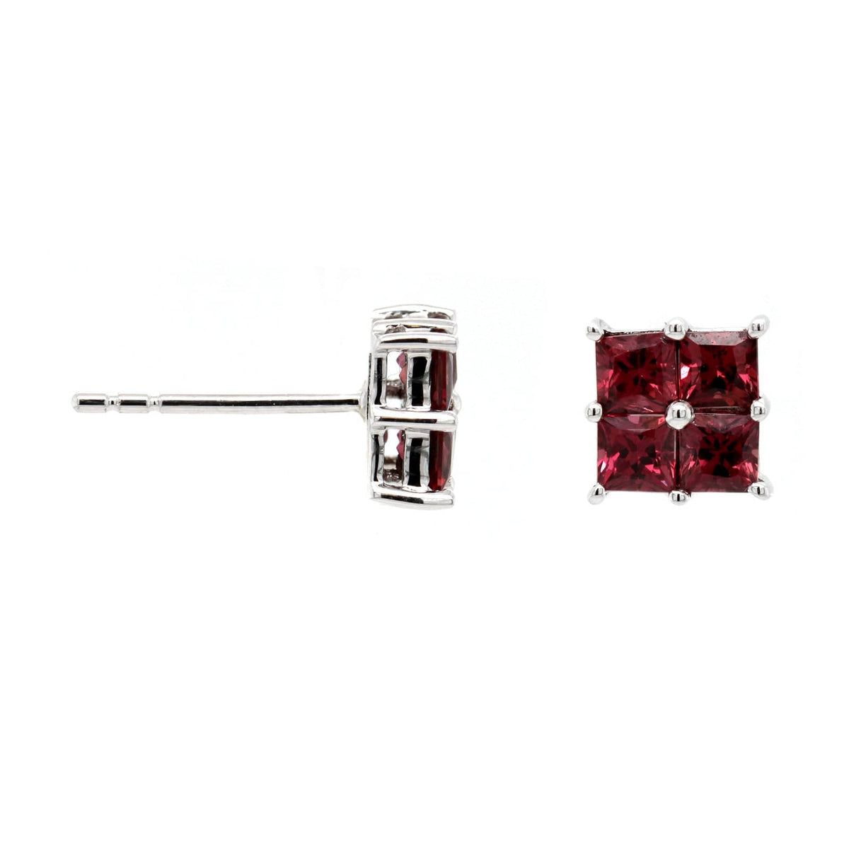14K White Gold Princess Cut Cluster Ruby Stud Earrings