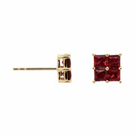 14K Yellow Gold Princess Cut Cluster Ruby Stud Earrings