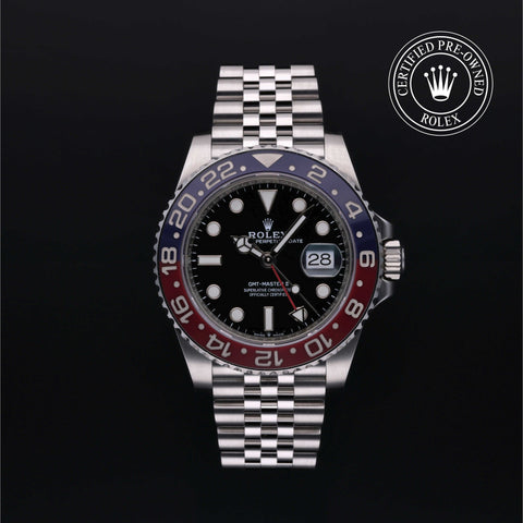 Rolex Certified Pre-Owned GMT Master II in Oyster, 40 mm, Stainless Steel 126710BLRO watch available at Long's Jewelers.