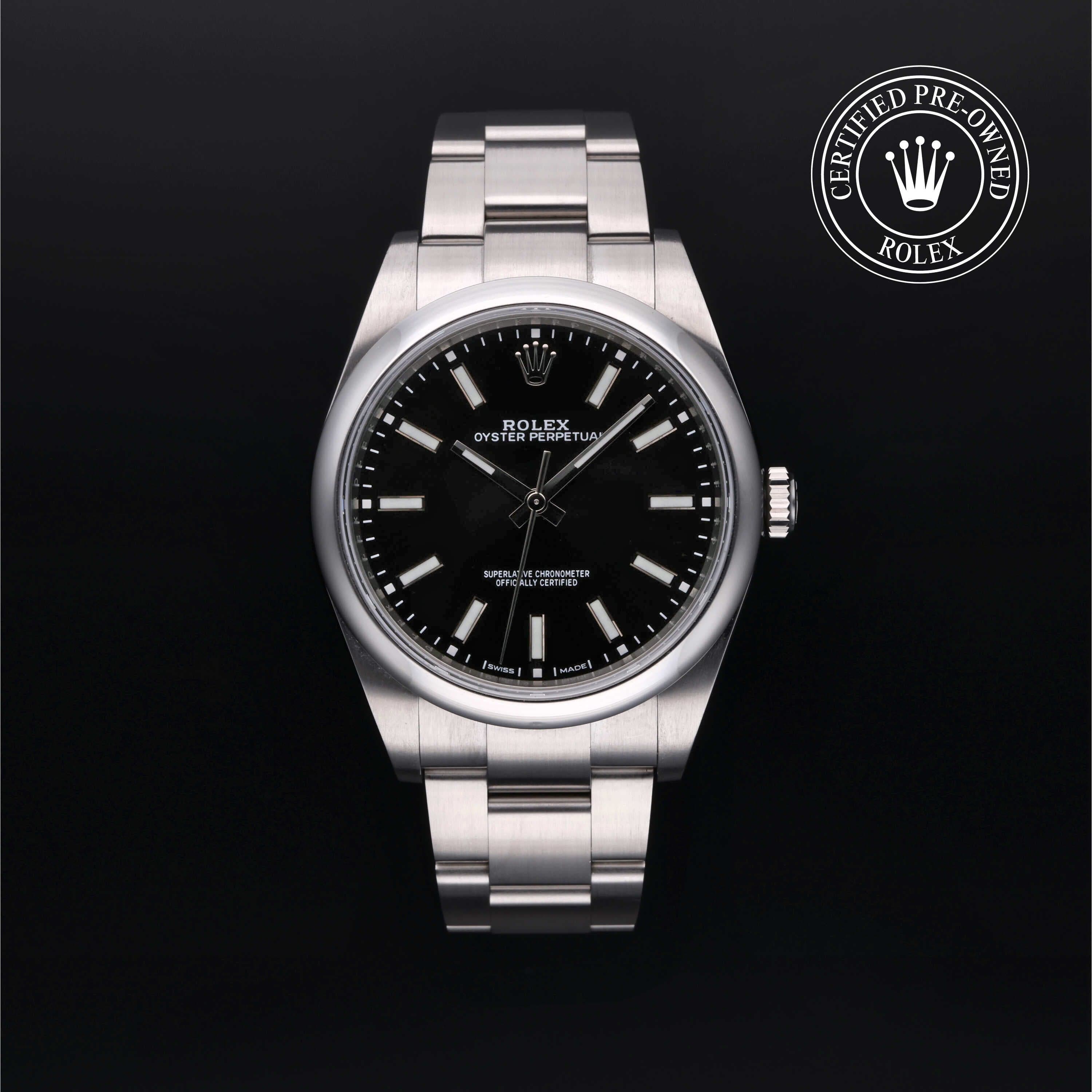 Rolex Certified Pre-Owned Oyster Perpetual in Oyster, 39 mm, Stainless Steel 114300 watch available at Long's Jewelers.