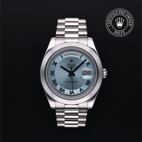 Rolex Certified Pre-Owned Day-Date in President, 41 mm, platinum 218206 watch available at Long's Jewelers.