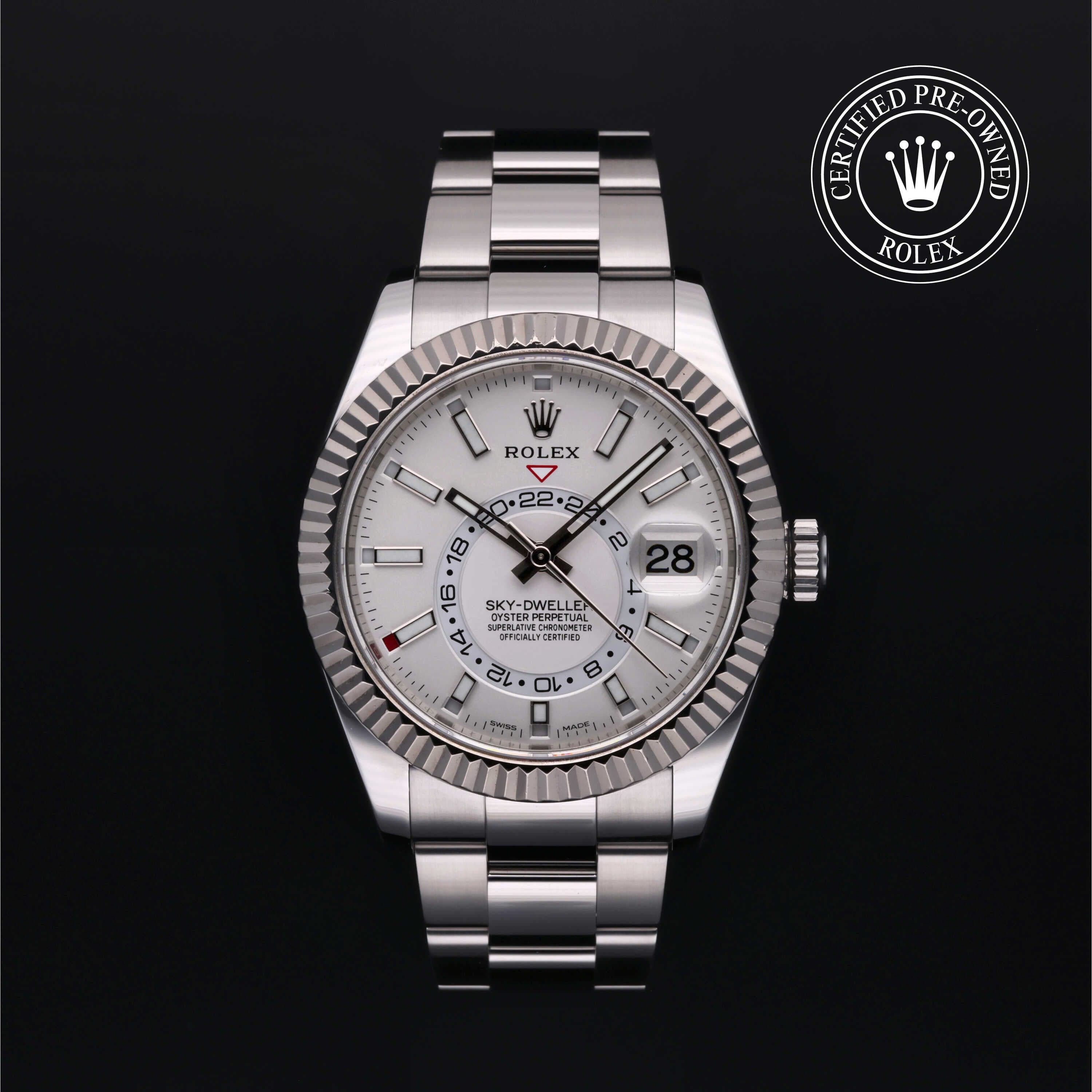 Rolex Certified Pre-Owned Sky-Dweller in Oyster, 42 mm, Stainless Steel and White Gold 326934 watch available at Long's Jewelers.