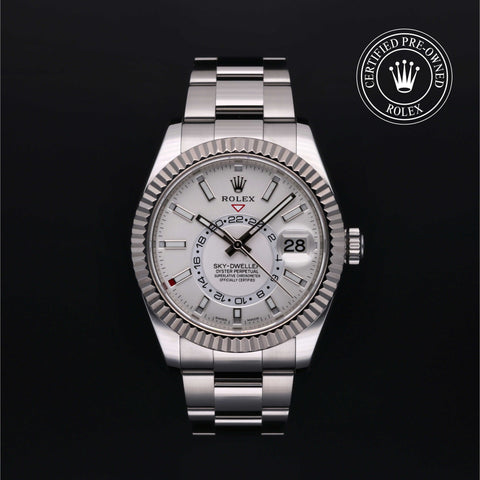 Rolex Certified Pre-Owned Sky-Dweller in Oyster, 42 mm, Stainless Steel and White Gold 326934 watch available at Long's Jewelers.