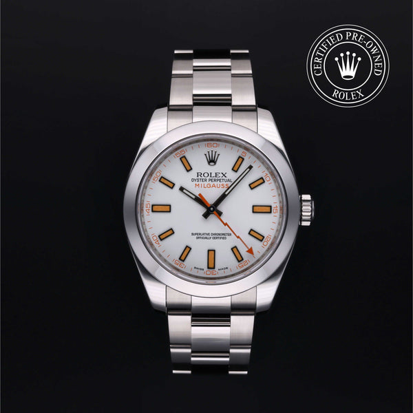 Rolex Certified Pre-Owned Oyster Perpetual Milgauss in Oyster, 40 mm, Stainless Steel 116400 watch available at Long's Jewelers.