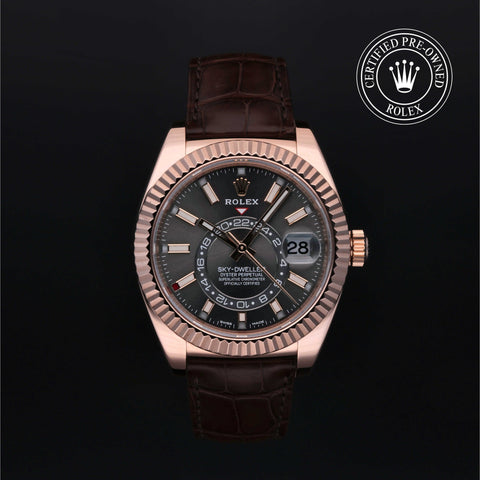 Rolex Certified Pre-Owned Sky-Dweller in Oyster, 42 mm, 18k Everose Gold 326135 watch available at Long's Jewelers.