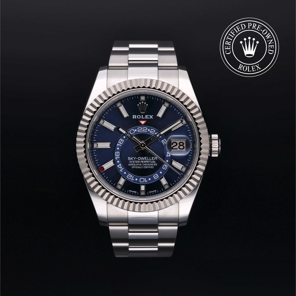 Rolex Certified Pre-Owned Sky-Dweller in Oyster, 42 mm, Stainless Steel and 18k White Gold 326934 watch available at Long's Jewelers.