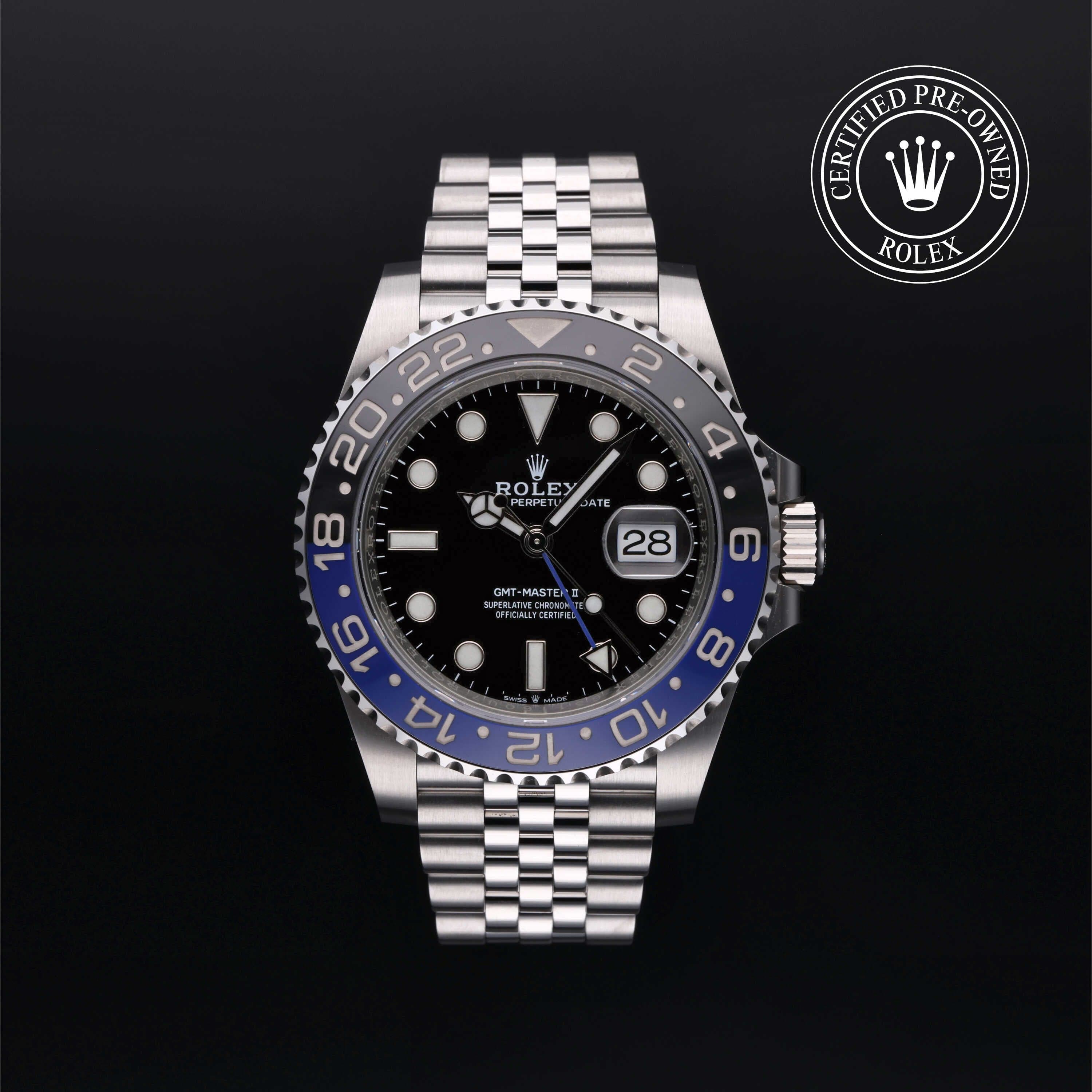 Rolex Certified Pre-Owned GMT Master II in Oyster, 40 mm, Stainless Steel 126710BLNR watch available at Long's Jewelers.