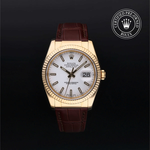 Rolex Certified Pre-Owned Datejust in Oyster, 36 mm, 18k yellow gold 116138 watch available at Long's Jewelers.
