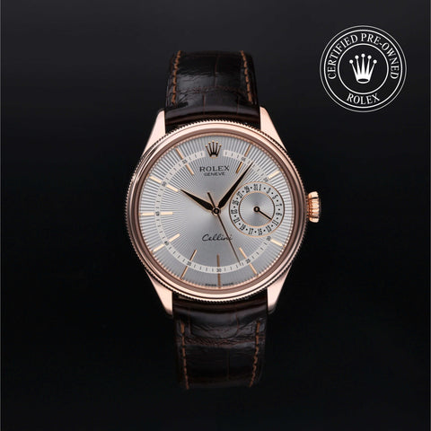 Rolex Certified Pre-Owned Cellini Date in Leather, 39 mm, 18k rose gold 50515 watch available at Long's Jewelers.