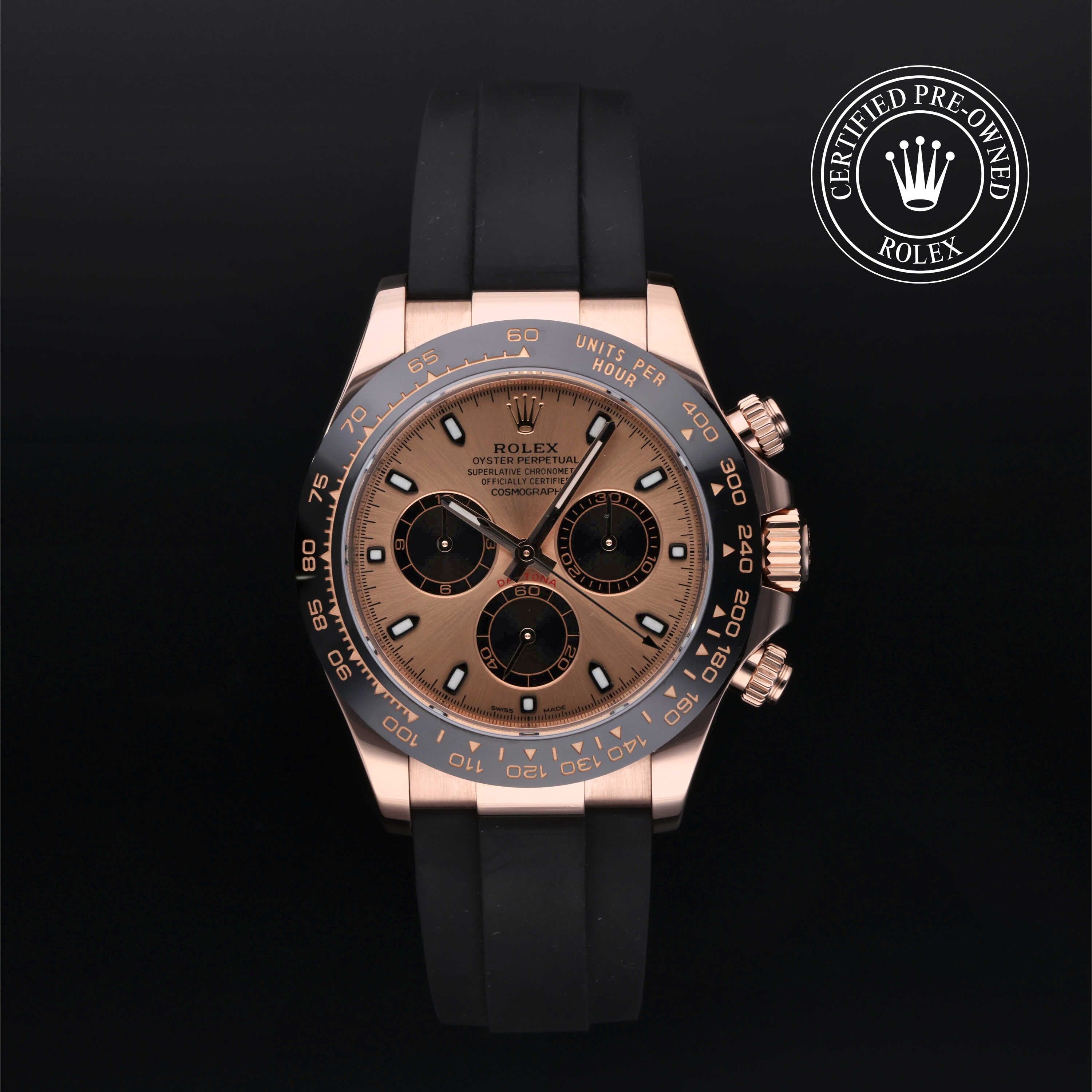 Rolex Certified Pre-Owned Cosmograph Daytona in Oysterflex, 40 mm, 18k rose gold 116515LN watch available at Long's Jewelers.