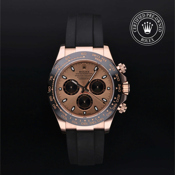 Rolex Certified Pre-Owned Cosmograph Daytona in Oysterflex, 40 mm, 18k rose gold 116515LN watch available at Long's Jewelers.