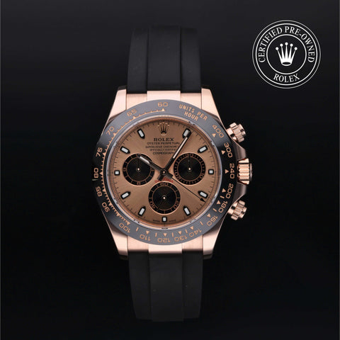 Rolex Certified Pre-Owned Cosmograph Daytona in Oysterflex, 40 mm, 18k rose gold 116515LN watch available at Long's Jewelers.