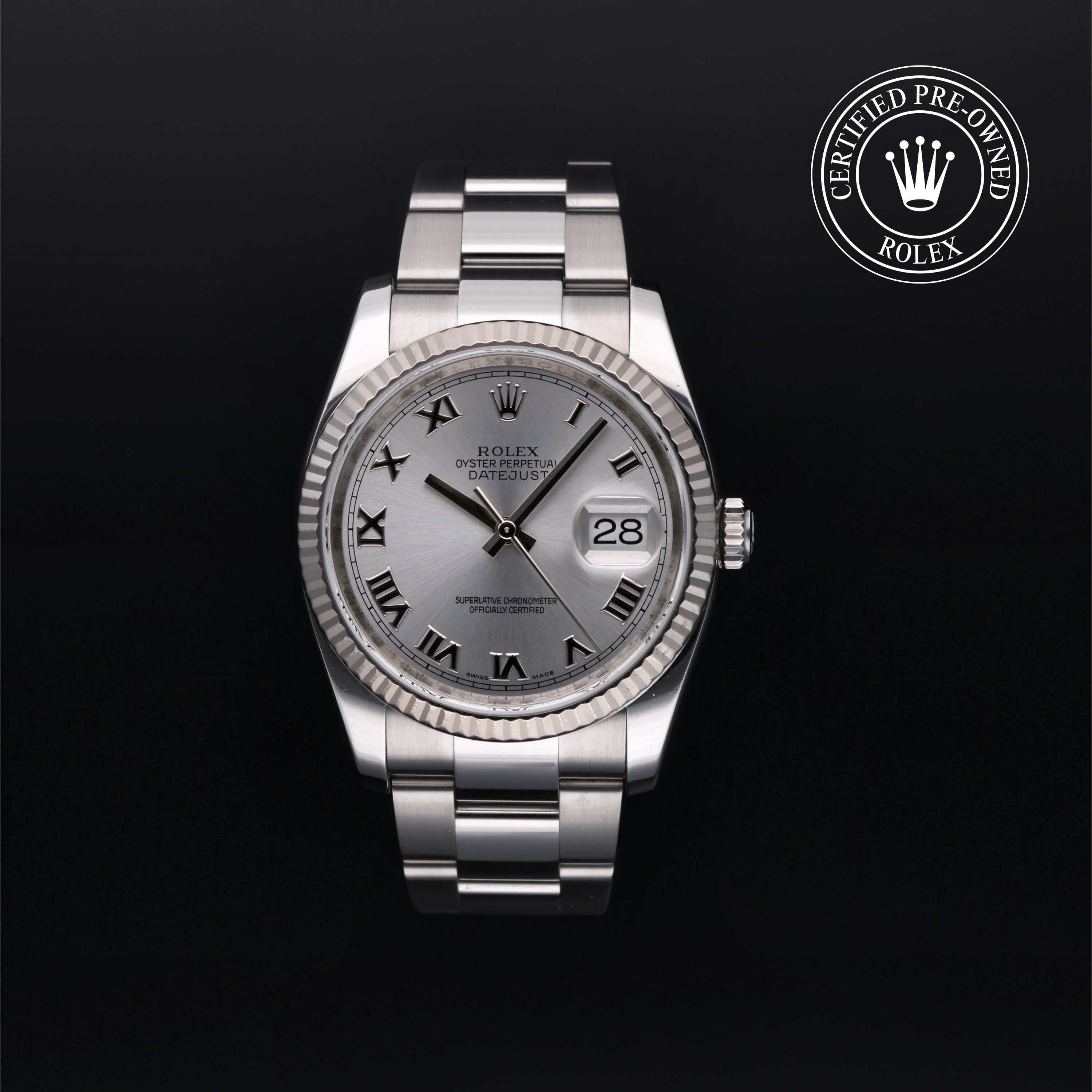 Rolex Certified Pre-Owned Datejust in Oyster, 36 mm, Stainless Steel and white gold 116234 watch available at Long's Jewelers.