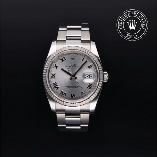 Rolex Certified Pre-Owned Datejust in Oyster, 36 mm, Stainless Steel and white gold 116234 watch available at Long's Jewelers.