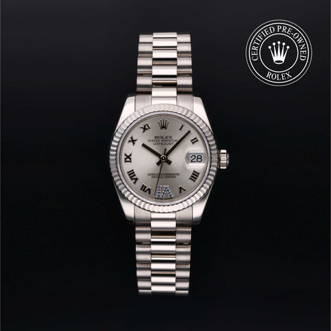 Rolex Certified Pre-Owned Datejust in President, 31 mm, 18k white gold 178279 watch available at Long's Jewelers.