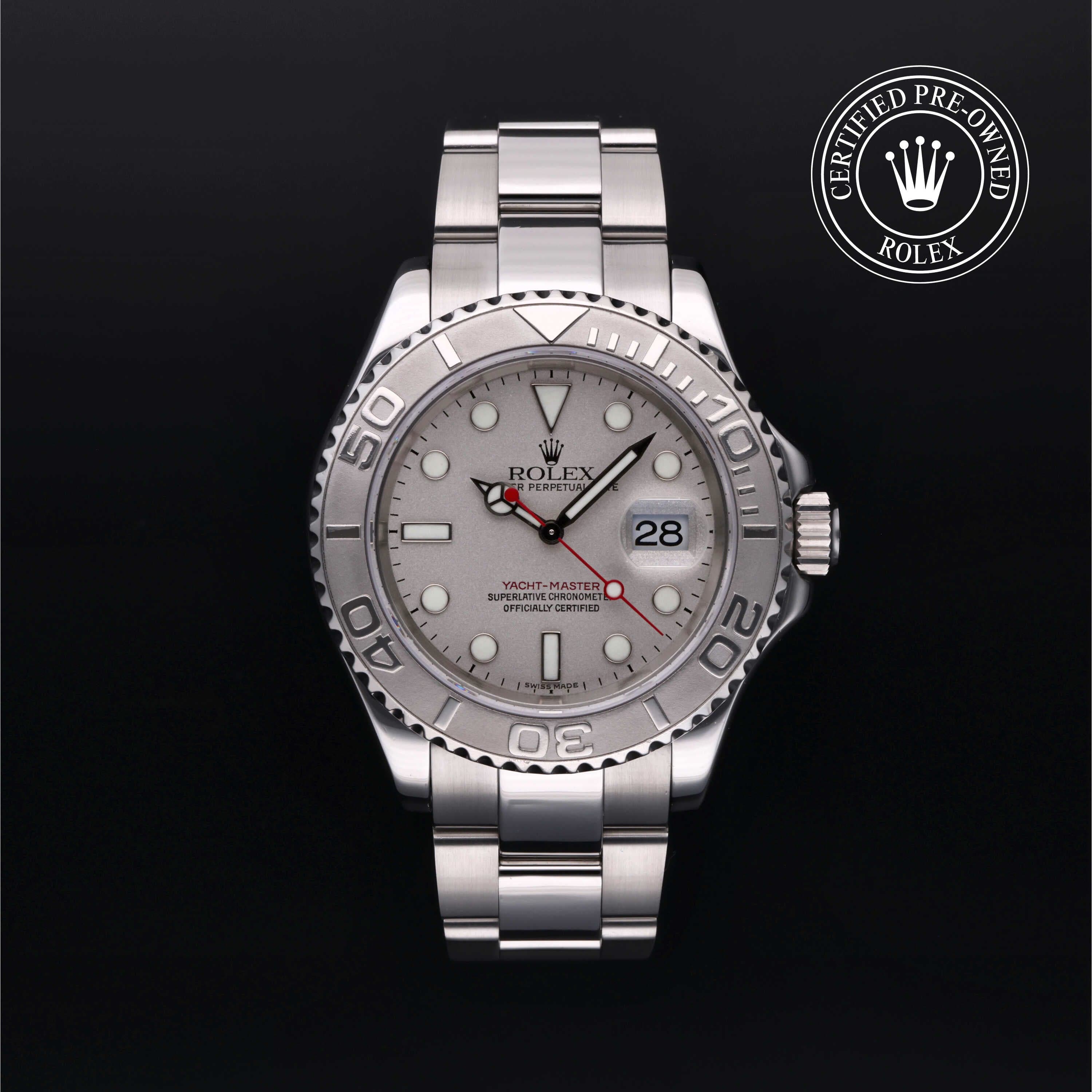 Rolex Certified Pre-Owned Yacht-Master in Oyster, 40 mm, Stainless Steel and platinum 16622 watch available at Long's Jewelers.