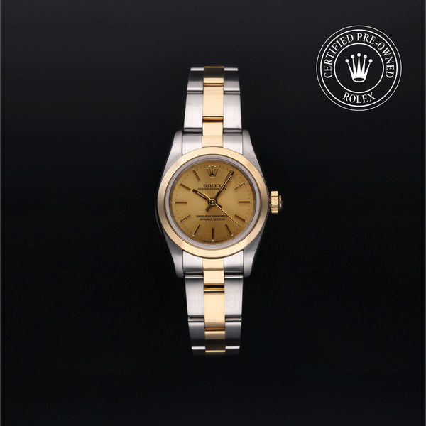 Rolex Certified Pre-Owned Oyster Perpetual in Oyster, 24 mm, Stainless Steel and yellow gold 76183 watch available at Long's Jewelers.
