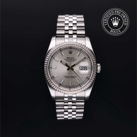 Rolex Certified Pre-Owned Datejust in Jubilee, 36 mm, Stainless Steel and white gold 116234 watch available at Long's Jewelers.