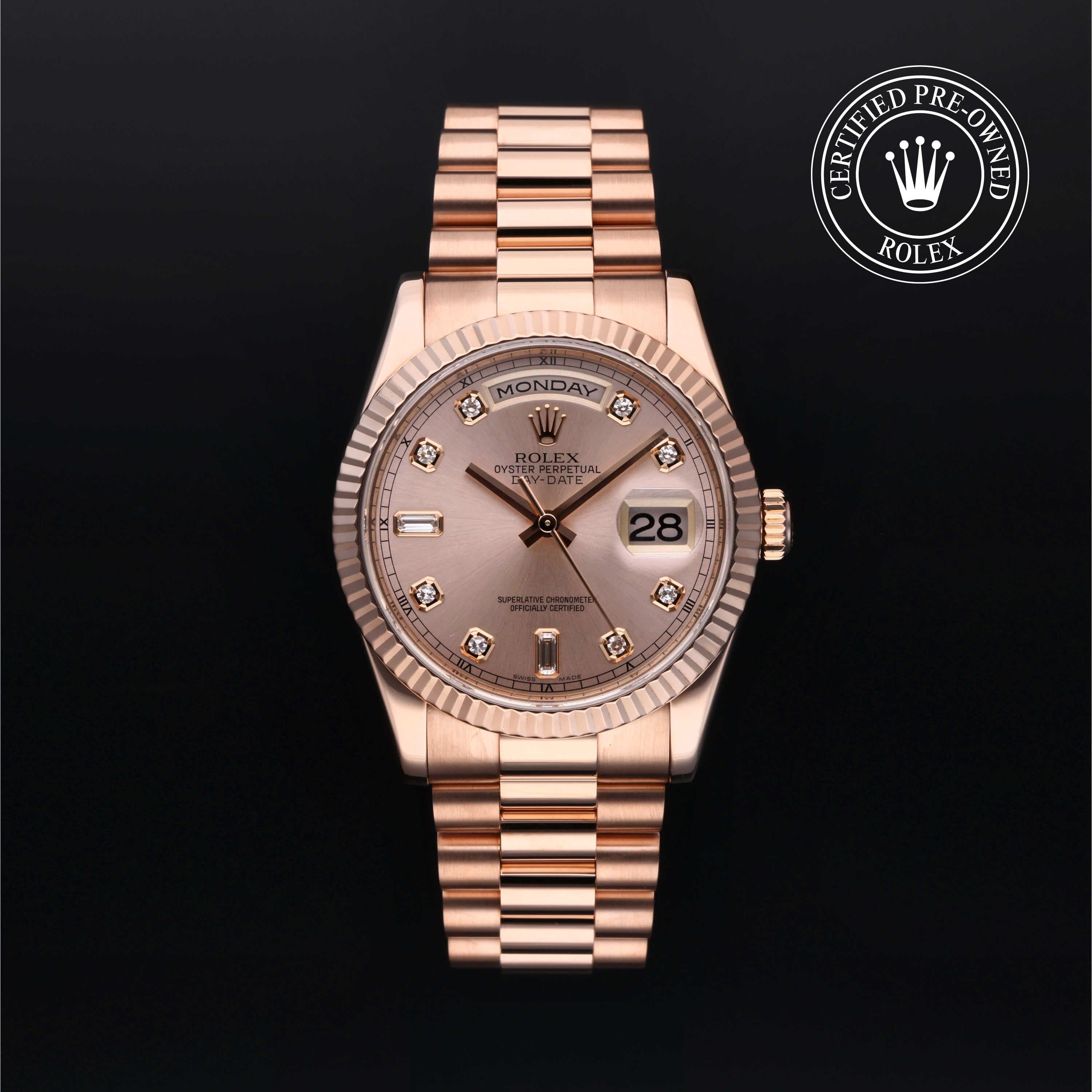 Rolex Certified Pre-Owned Day-Date in President, 36 mm, 18k rose gold 118235 watch available at Long's Jewelers.